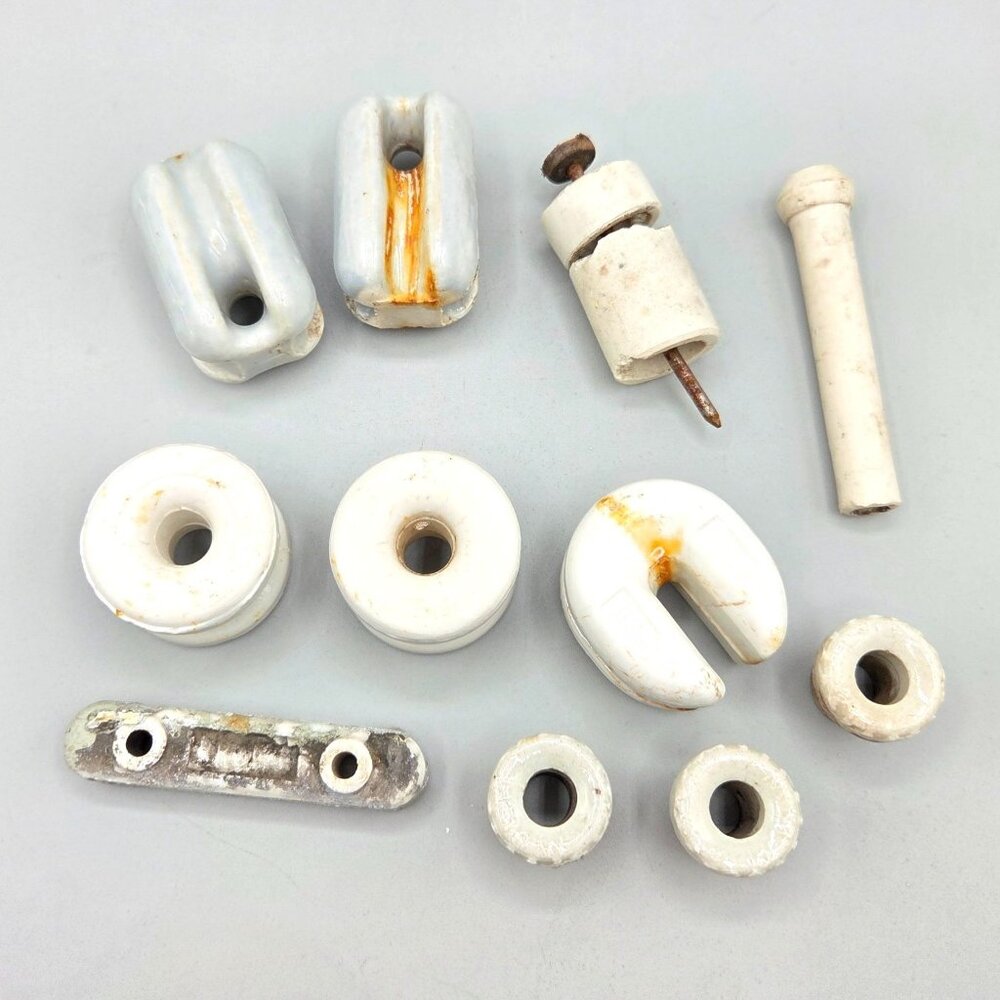 Vintage White Ceramic Electrical Insulators Lot Of 11 Rustic Industrial Decor